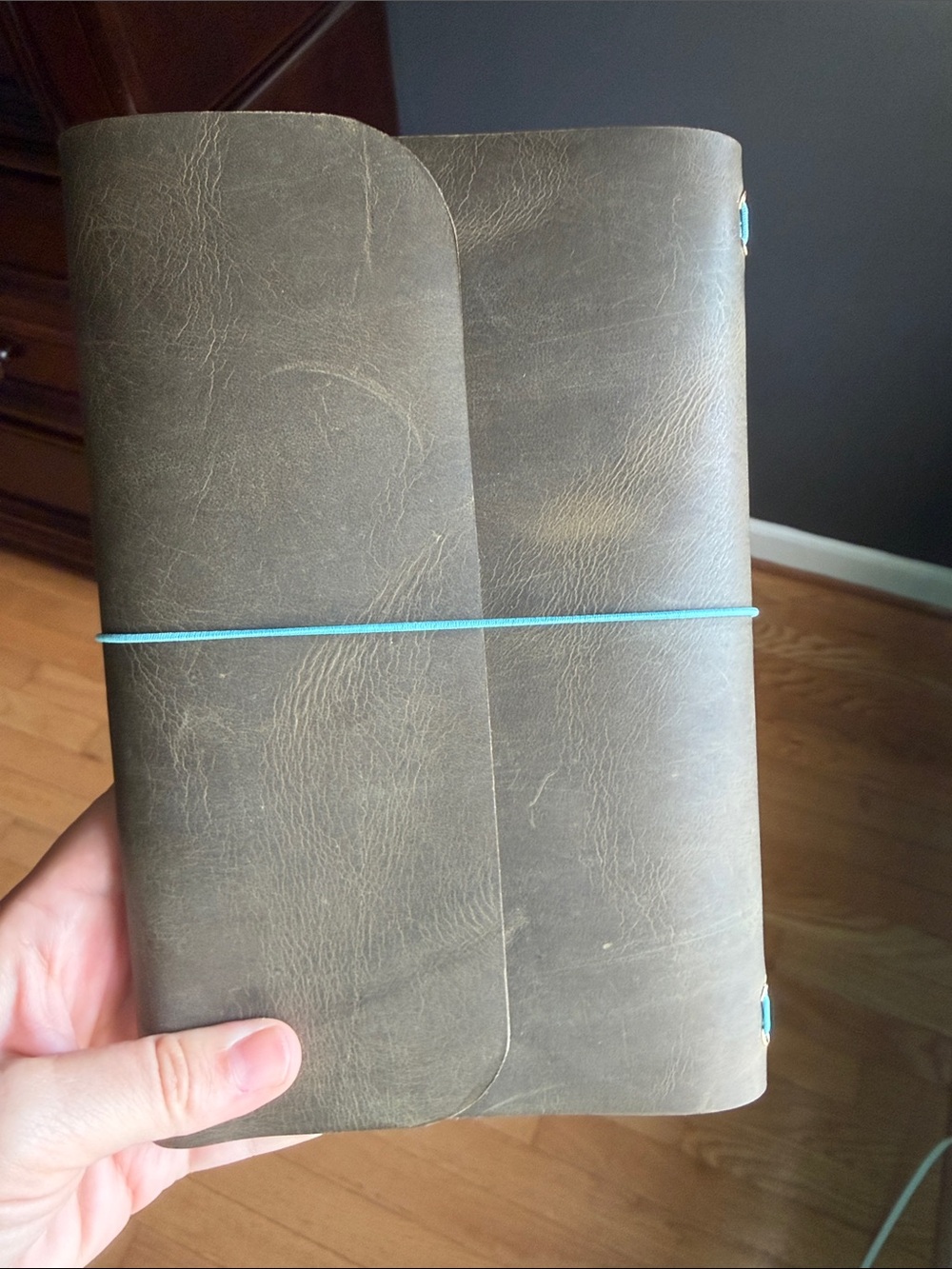 Leather Journal/ Notebook olive green with Blue Elastic Closure